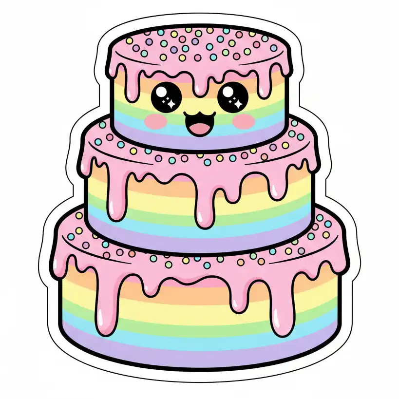 Cute kawaii-style birthday cake drawing with large eyes, smile, and bright pastel palette