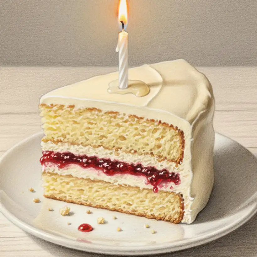 Detailed illustration of a cut slice of layered birthday cake showing internal sponge and filling layers