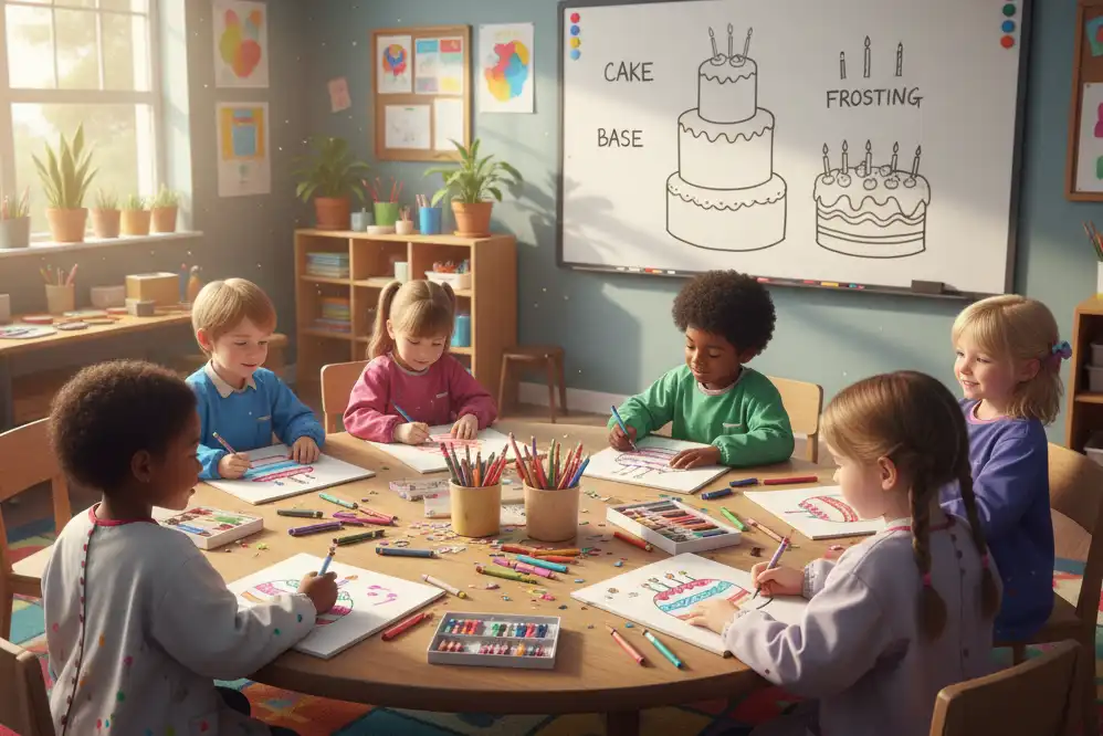 Elementary classroom setting showing children following a simplified shape-based cake drawing guide