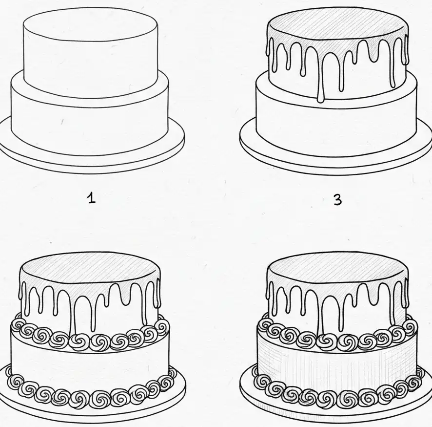 Step 5 showing decorative frosting drips and piped rosettes along the tiers