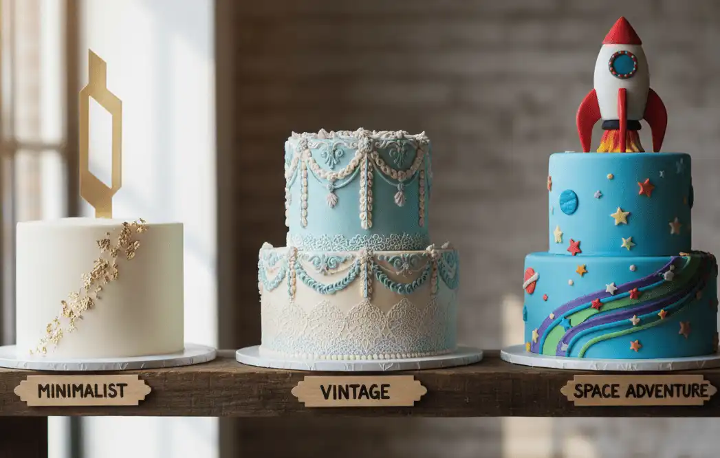 Trio of modern birthday cakes illustrating minimalist, vintage, and themed styles
