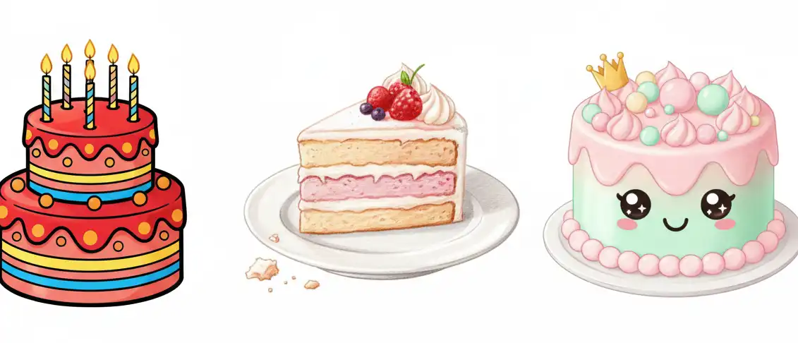 Visual overview of various birthday cake drawing styles including cartoon, realistic, and kawaii