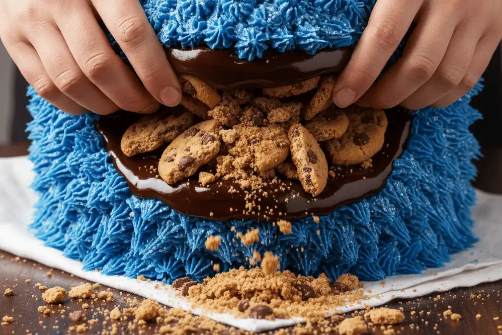 Wedging chocolate chip cookies into the mouth cavity