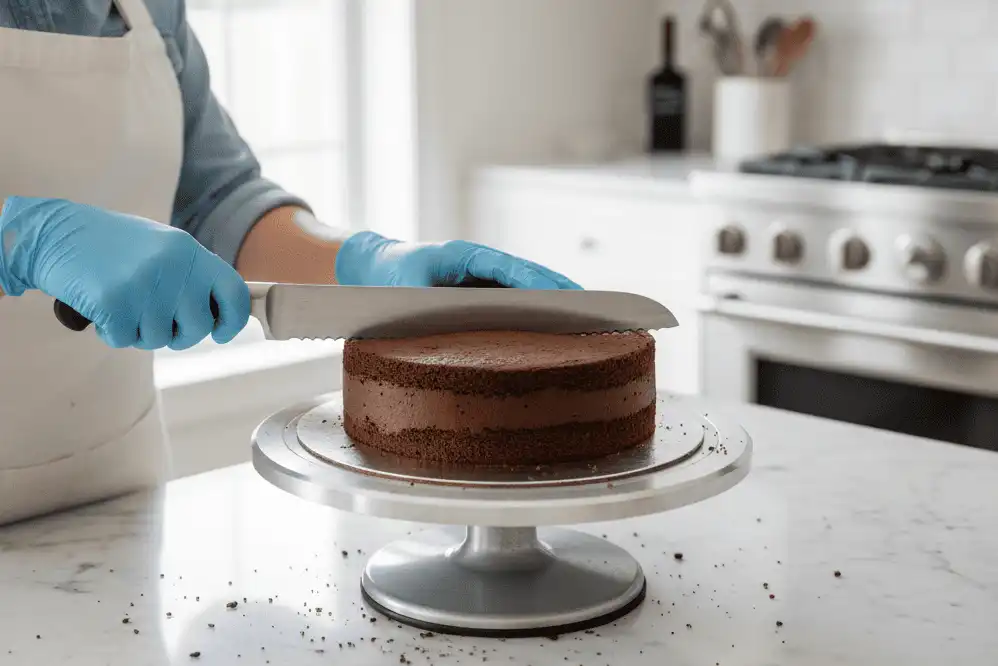 baker-leveling-a-chocolate-cake