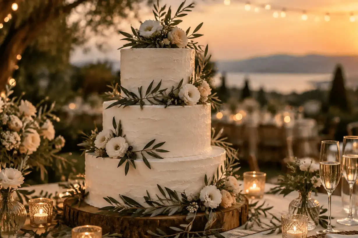 g-teau-de-mariage-sur-une-table-de-r-ception-au-coucher-du-soleil