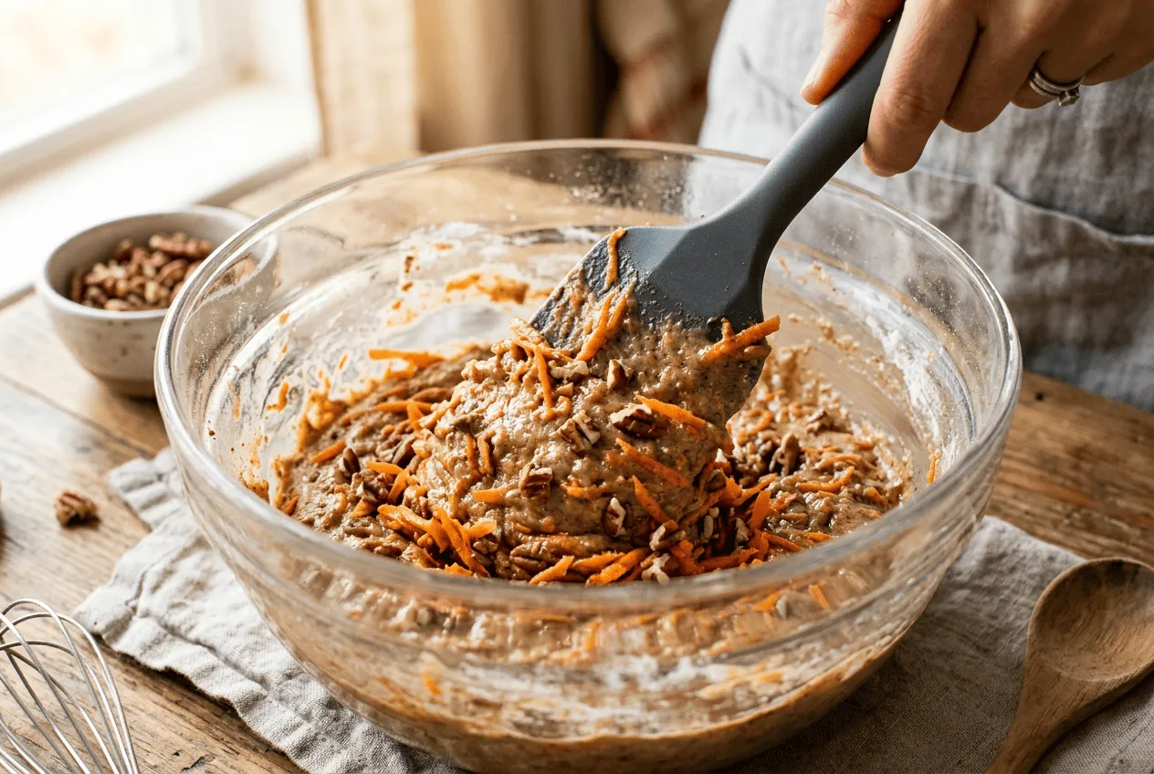 carrot-cake-batter-being-folded-in-a-glass-mixing-bowl