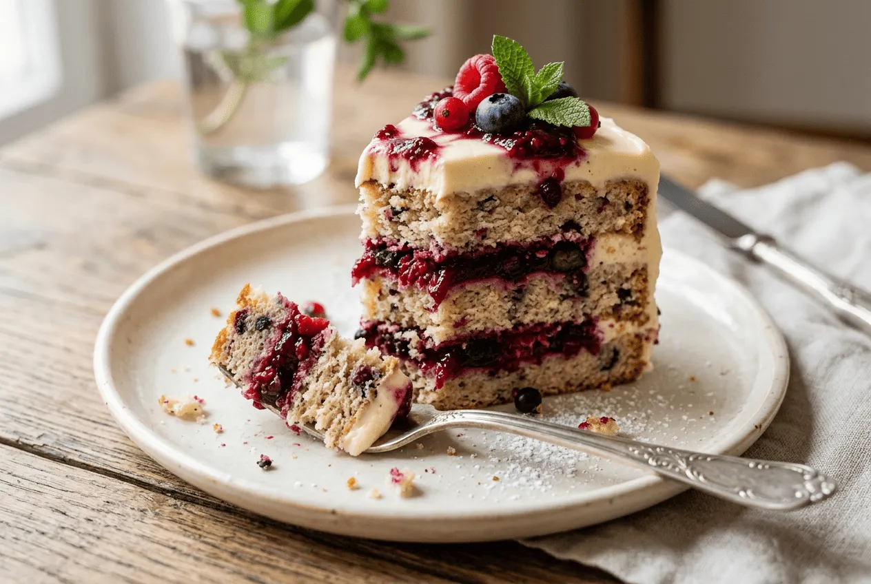 close-up-celebration-cake-slice-with-berry-compote-cream-cheese-frosting-and-a-fork-lifting-a-bite