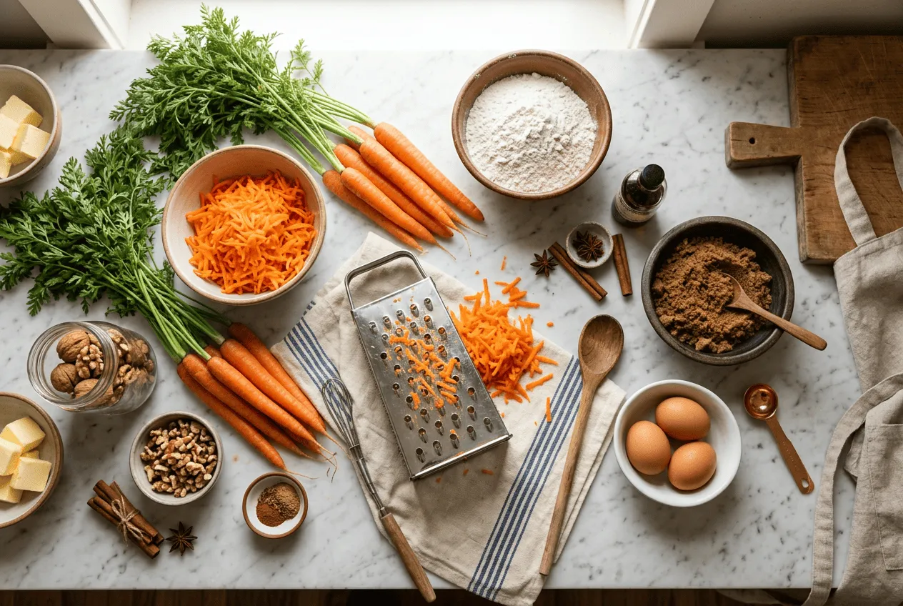 flat-lay-of-carrot-cake-baking-ingredients-and-tools-on-marble-countertop