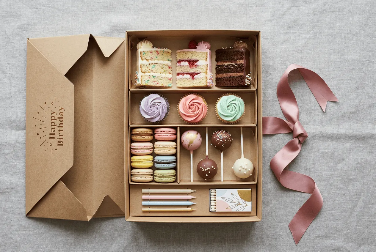 luxury-birthday-dessert-gift-box-with-cake-slices-mini-cupcakes-pastel-macarons-and-cake-pops