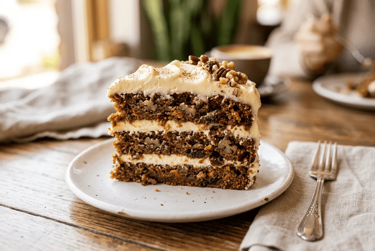 slice-of-three-layer-moist-carrot-cake-on-a-white-dessert-plate