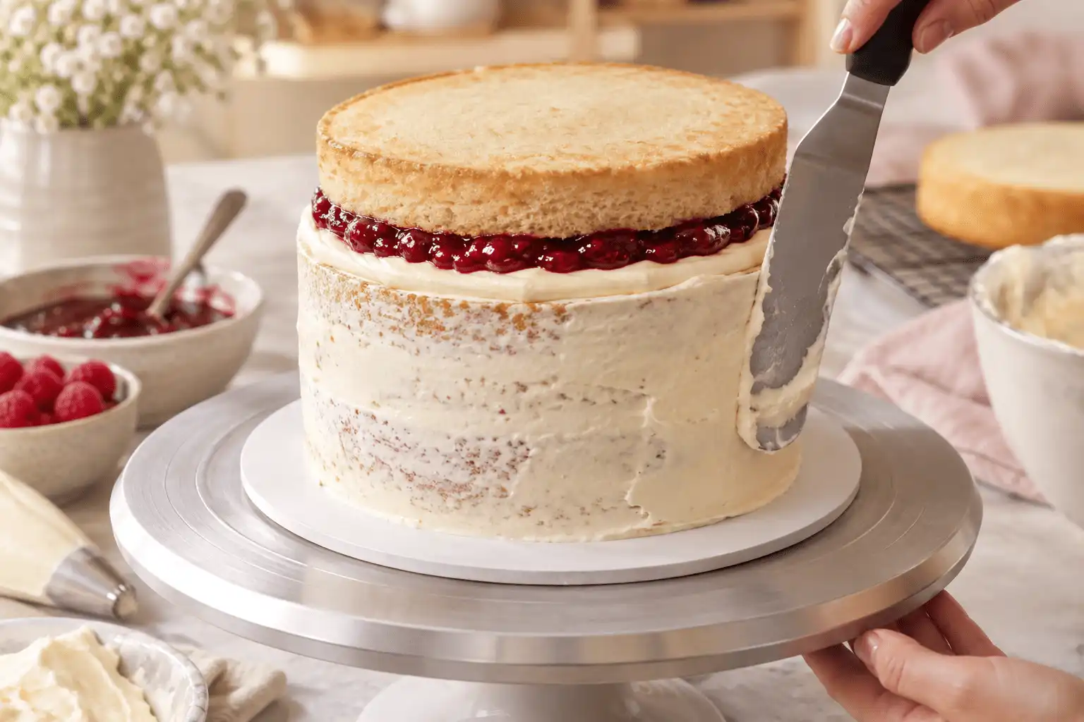 small-wedding-cake-assembly-and-crumb-coat