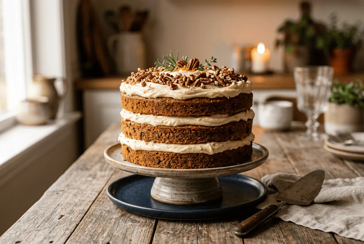three-layer-carrot-cake-with-cream-cheese-frosting-on-a-rustic-wooden-table